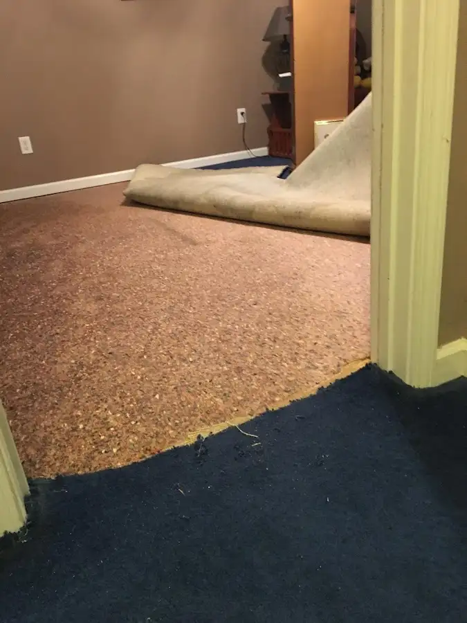 Carpet pad removal revealing water damage during Drying & Dehumidification in Fort Polk South
